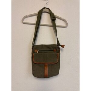 Cargoit Olive Green Canvas Crossbody Messenger Bag Brown Trim Adjustable Strap